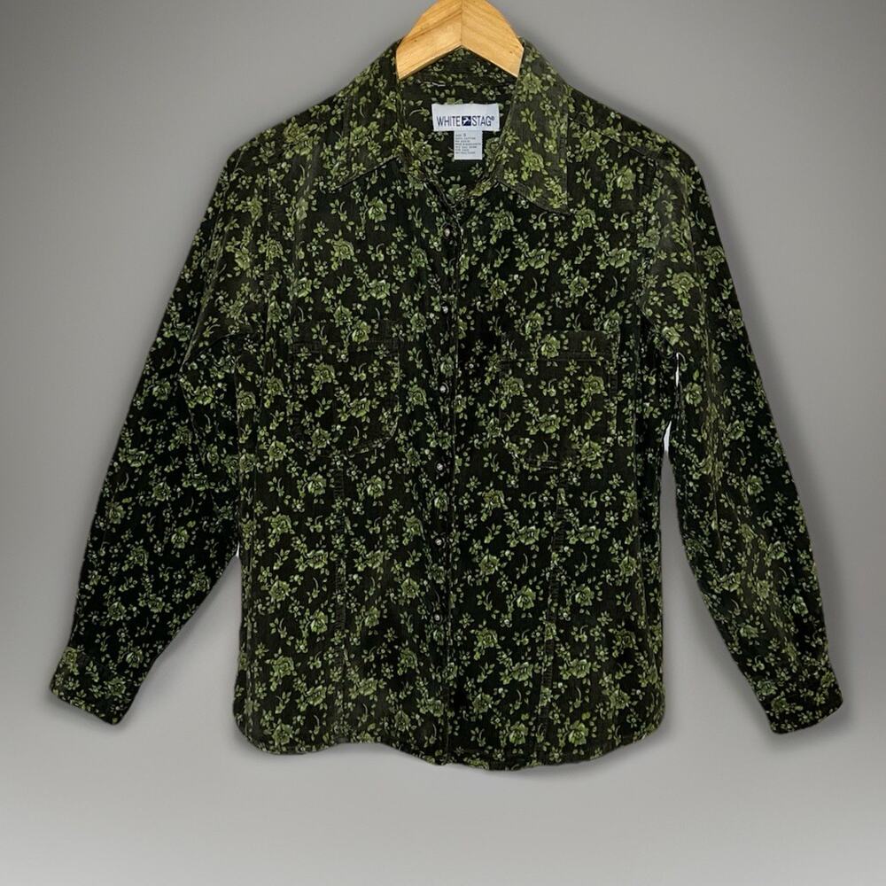 White Stag Green Button-Up Shirt Floral Corduroy Cottage Fall Rose Flowers -Sz M